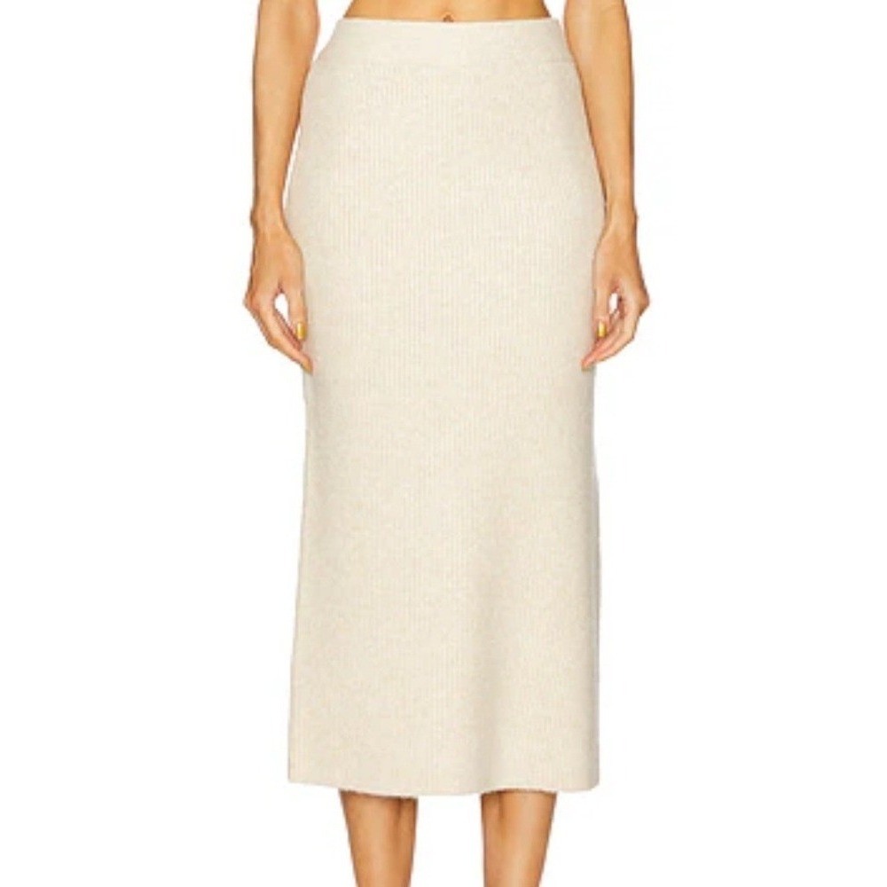 House of Harlow 1960 Ribbed Knit Midi Skirt Beige Side Slits Womens XS Pencil